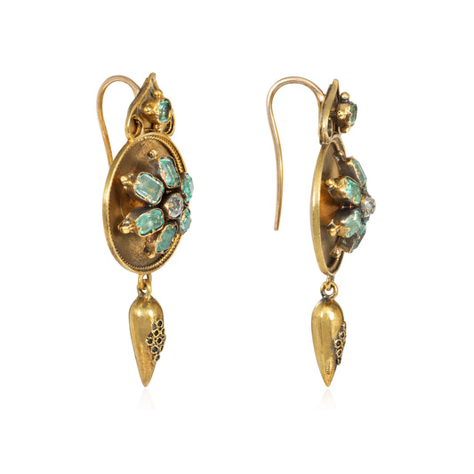 Victorian 14KT Yellow Gold Beryl & Diamond Earrings side