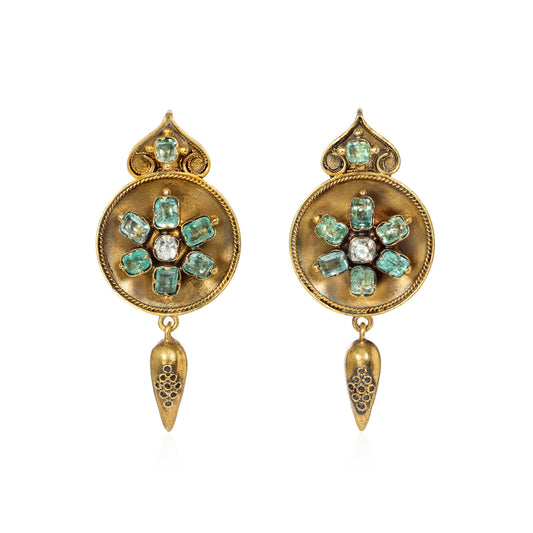 Victorian 14KT Yellow Gold Beryl & Diamond Earrings front