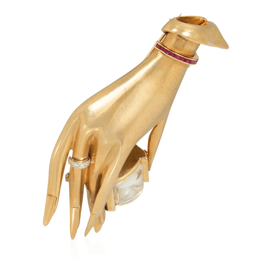 Paul Flato Retro 14KT Yellow Gold Ruby & Diamond Hand Watch Brooch side
