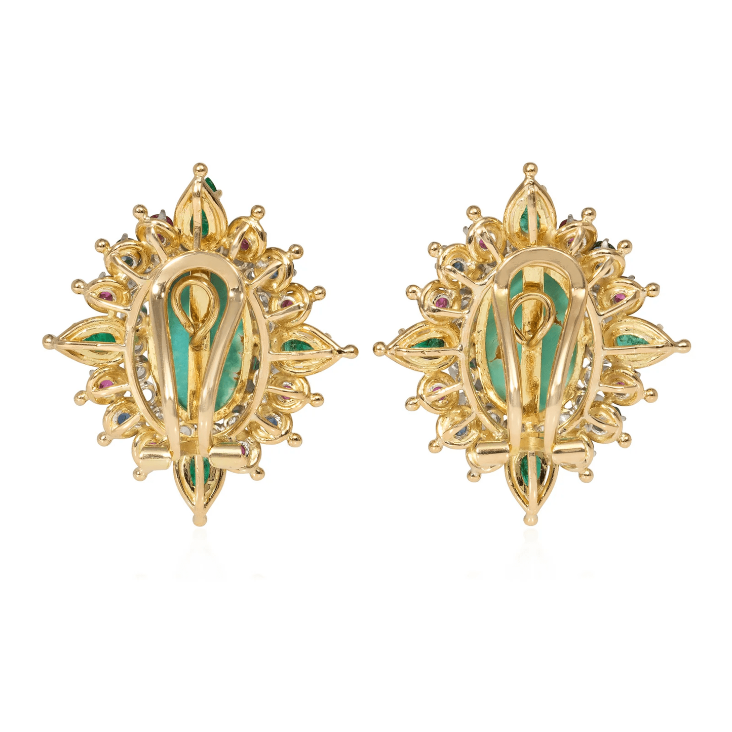 1960s 14KT Yellow Gold Turquoise, Emerald, Ruby & Sapphire Earrings back