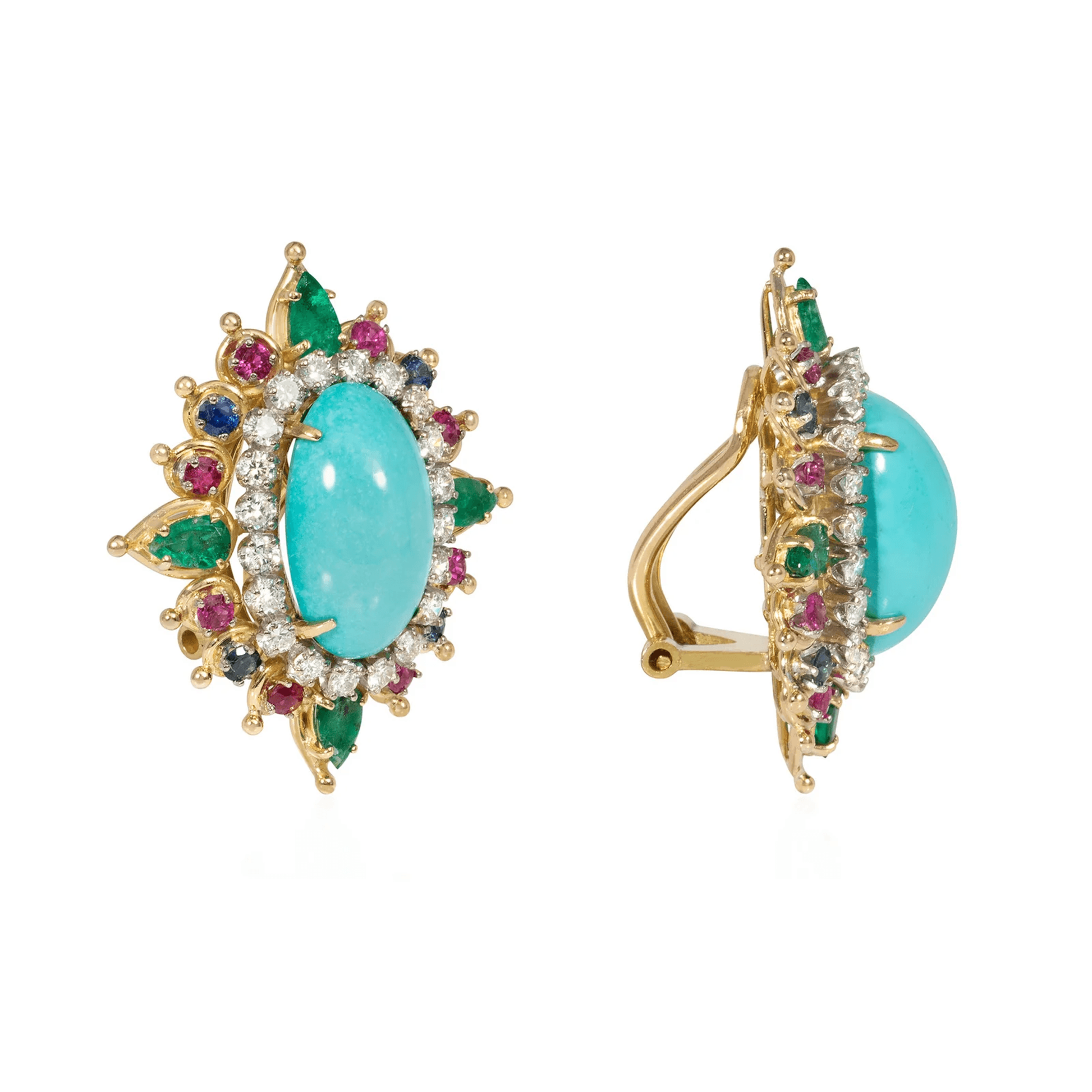 1960s 14KT Yellow Gold Turquoise, Emerald, Ruby & Sapphire Earrings side