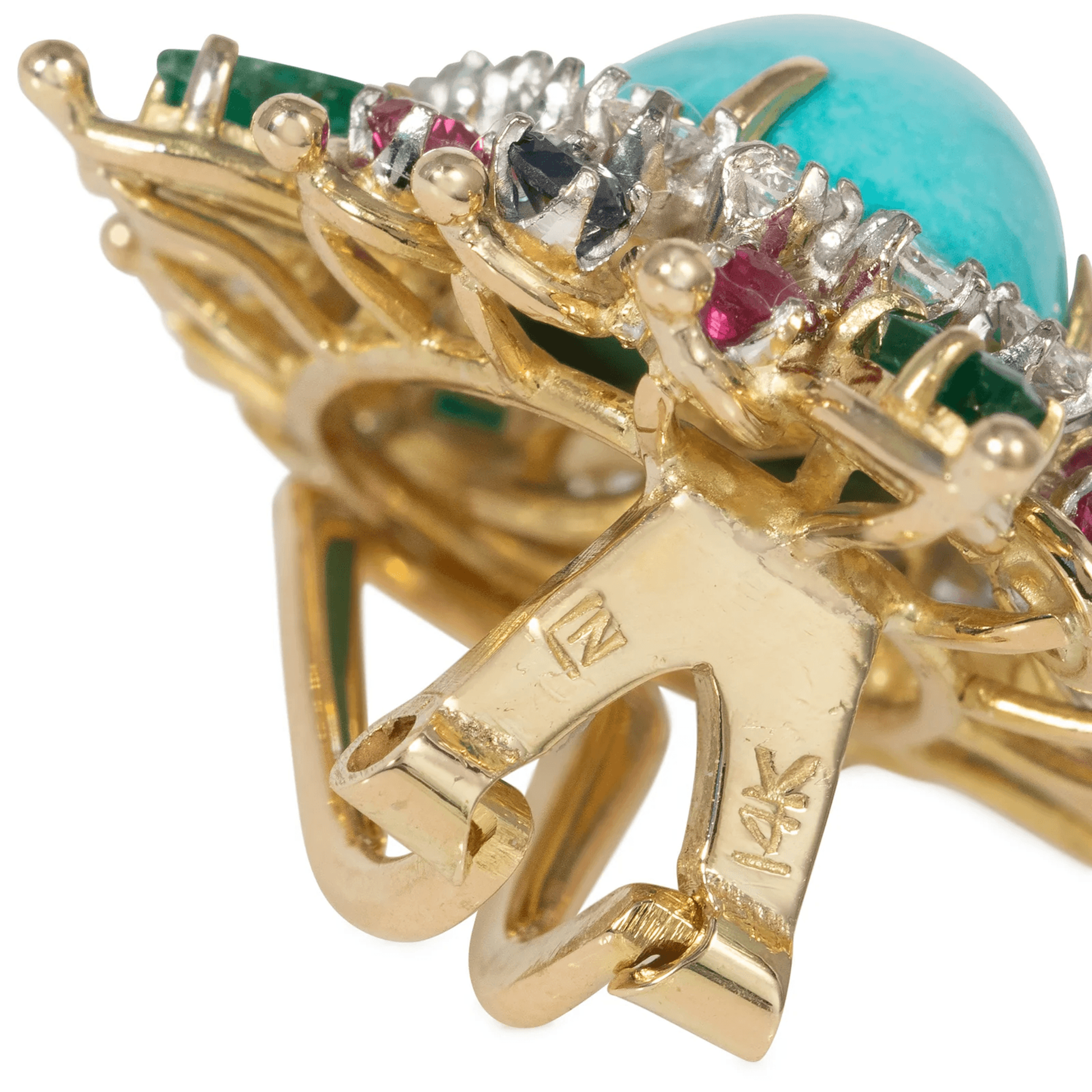 1960s 14KT Yellow Gold Turquoise, Emerald, Ruby & Sapphire Earrings signature