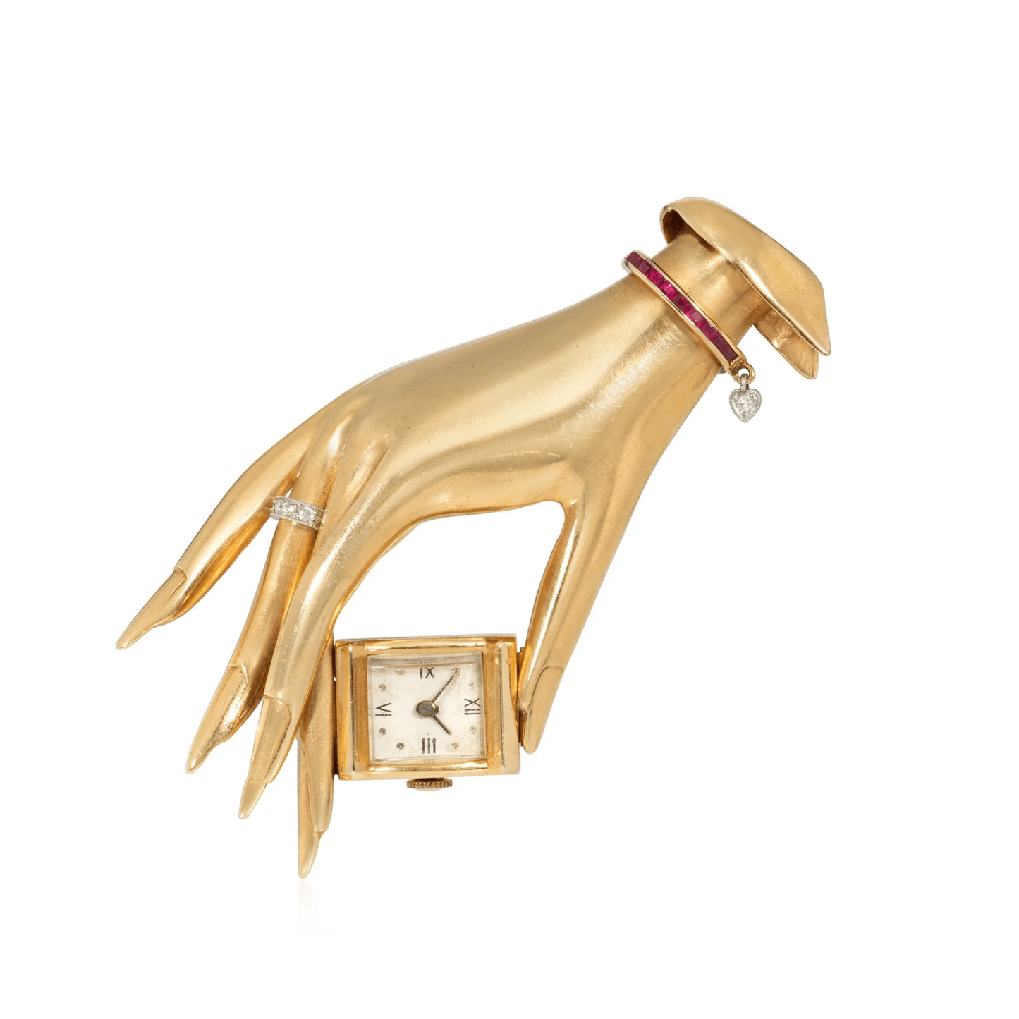 Paul Flato Retro 14KT Yellow Gold Ruby & Diamond Hand Watch Brooch front