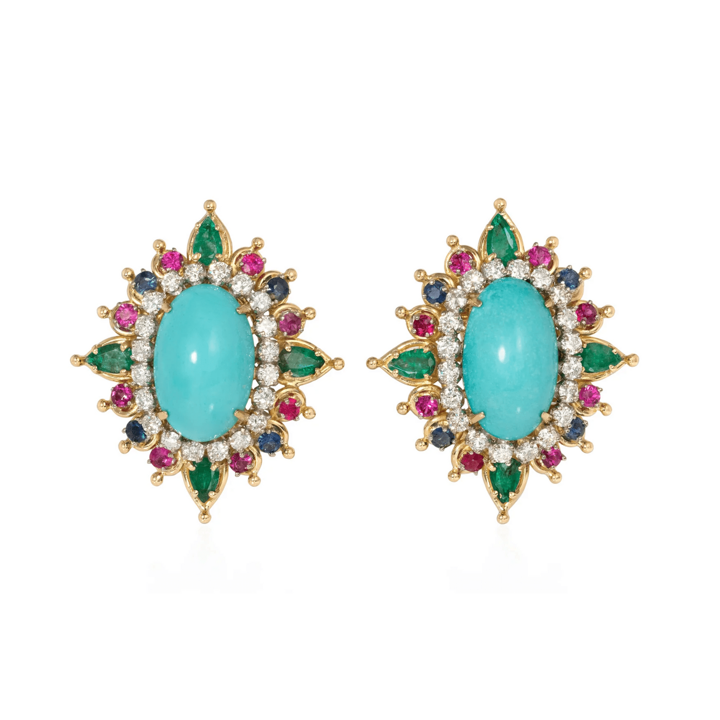 1960s 14KT Yellow Gold Turquoise, Emerald, Ruby & Sapphire Earrings front