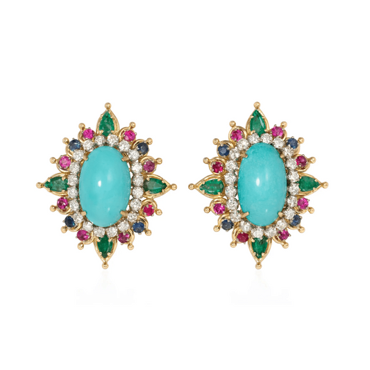 1960s 14KT Yellow Gold Turquoise, Emerald, Ruby & Sapphire Earrings front