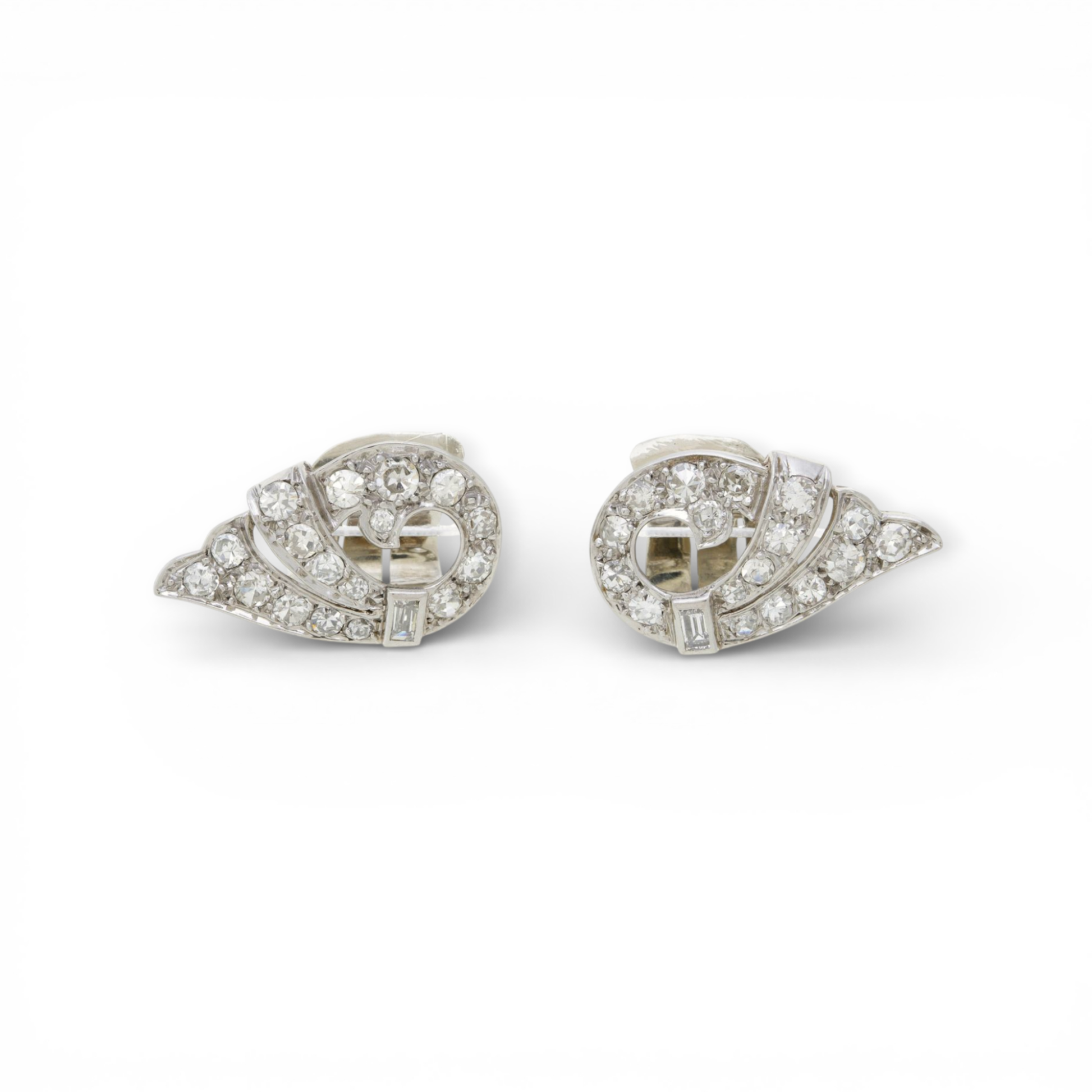 French Art Deco Platinum & 18KT White Gold Diamond Earrings front