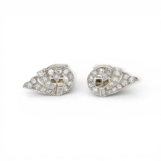 French Art Deco Platinum & 18KT White Gold Diamond Earrings front