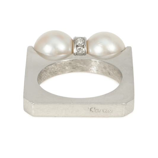 Cartier 1960s Platinum Cultured Pearl & Diamond Ring back
