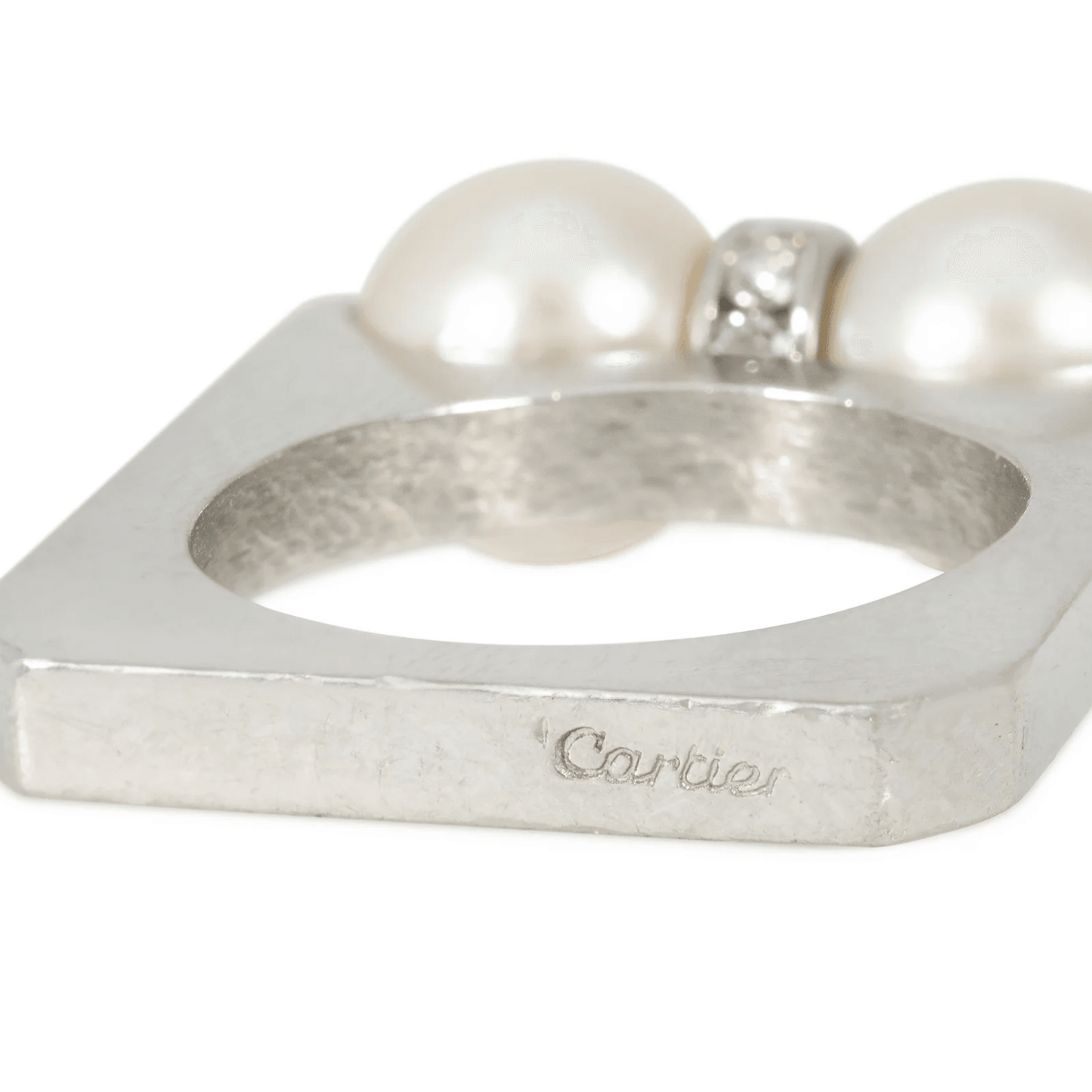 Cartier 1960s Platinum Cultured Pearl & Diamond Ring signature