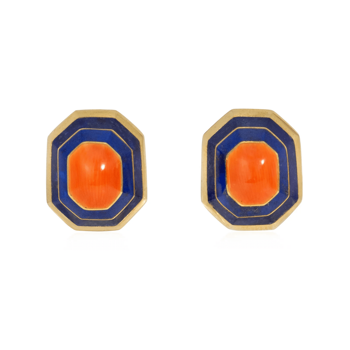1970s 18KT Yellow Gold Coral & Lapis Lazuli Earrings front