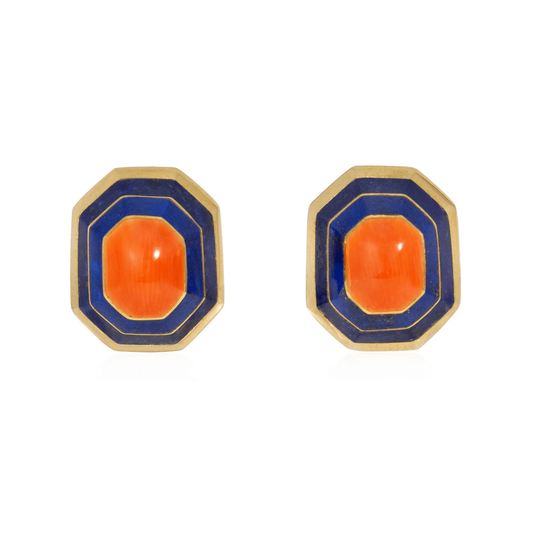 1970s 18KT Yellow Gold Coral & Lapis Lazuli Earrings front