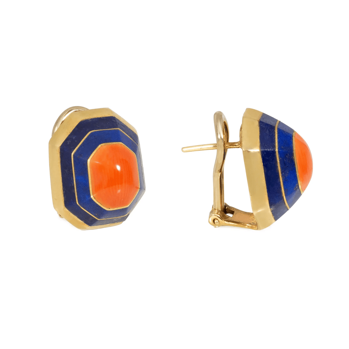 1970s 18KT Yellow Gold Coral & Lapis Lazuli Earrings side