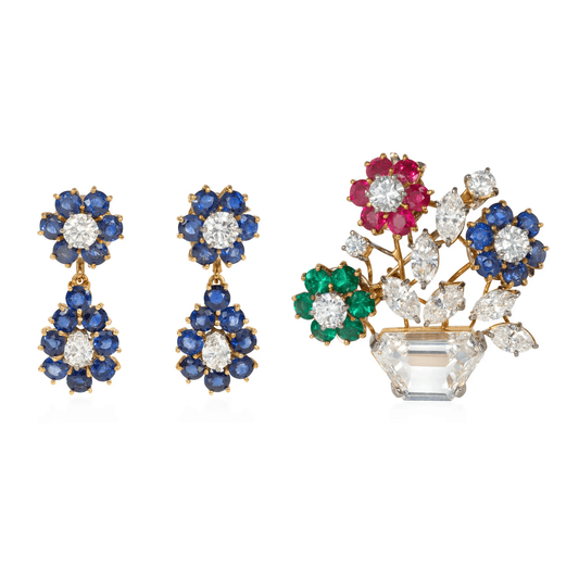 Austrian 1950s 18KT Yellow Gold Diamond, Emerald, Ruby & Sapphire Interchangeable Set front