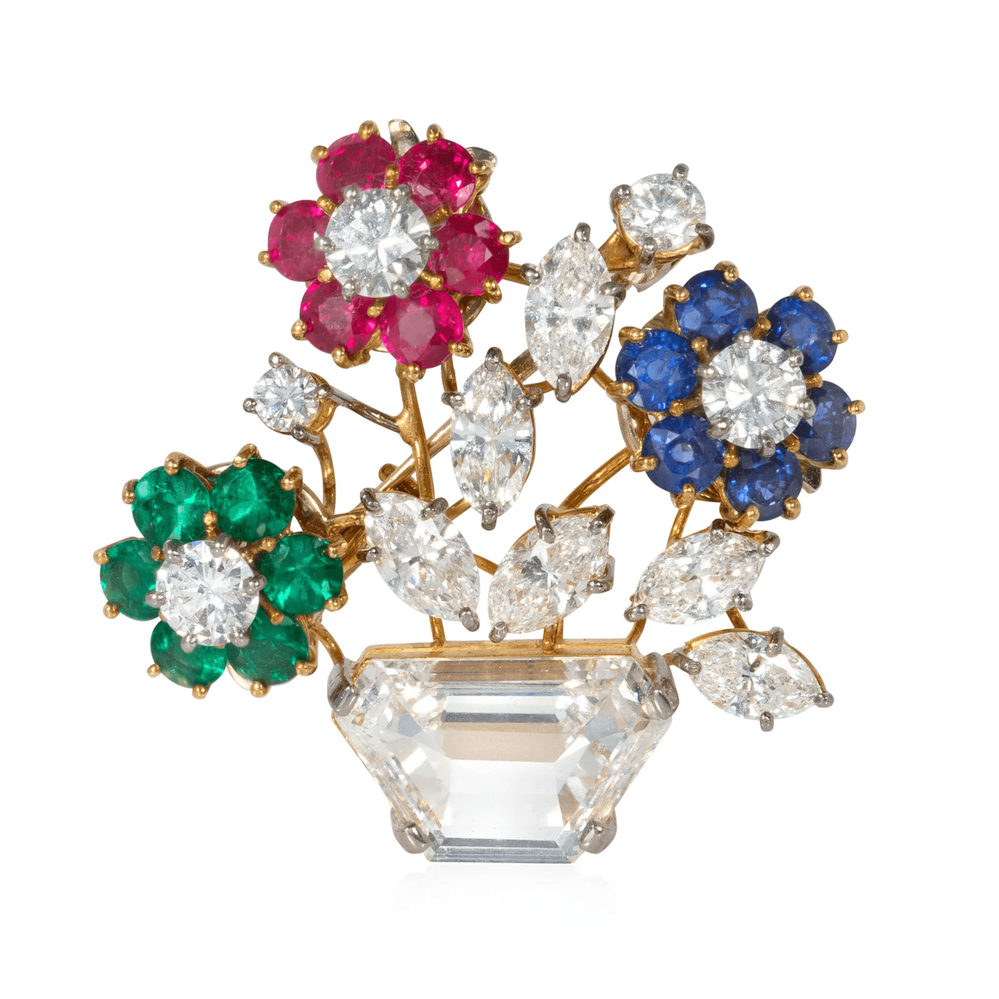 Austrian 1950s 18KT Yellow Gold Diamond, Emerald, Ruby & Sapphire Interchangeable Set front