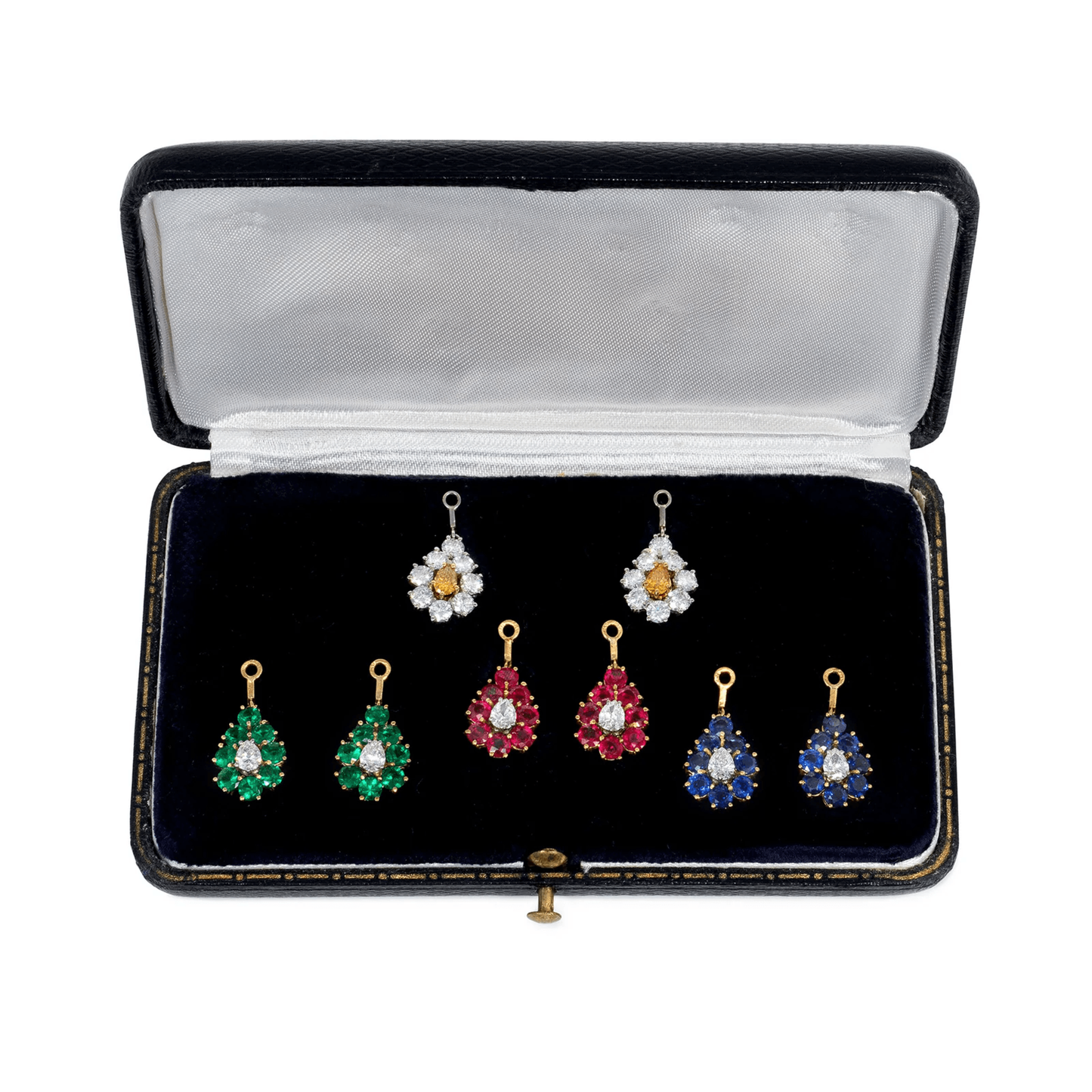 Austrian 1950s 18KT Yellow Gold Diamond, Emerald, Ruby & Sapphire Interchangeable Set in box