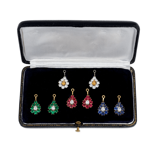Austrian 1950s 18KT Yellow Gold Diamond, Emerald, Ruby & Sapphire Interchangeable Set in box