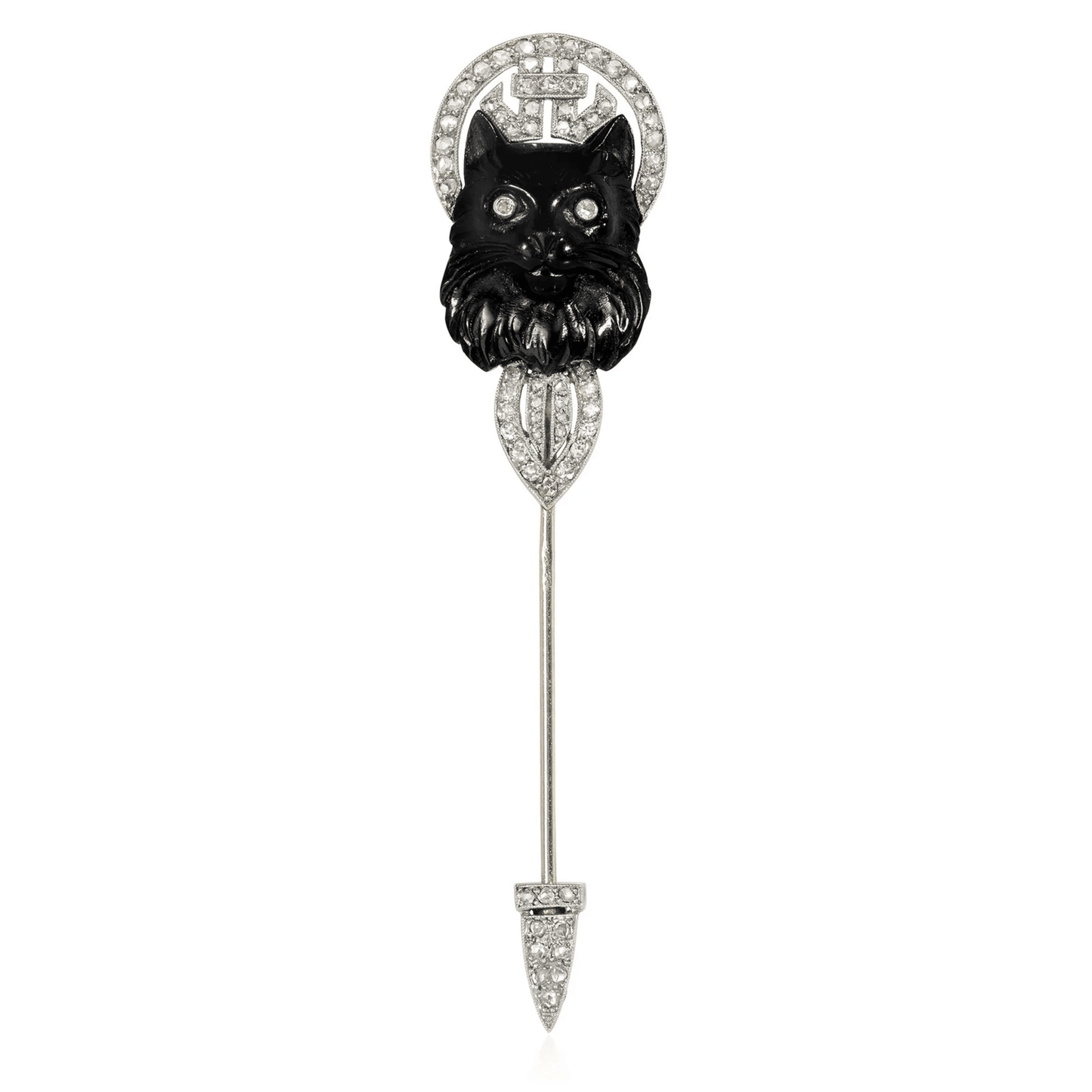Lacloche Freres Art Deco Platinum & 18KT White Gold Onyx & Diamond Cat Jabot Pin front