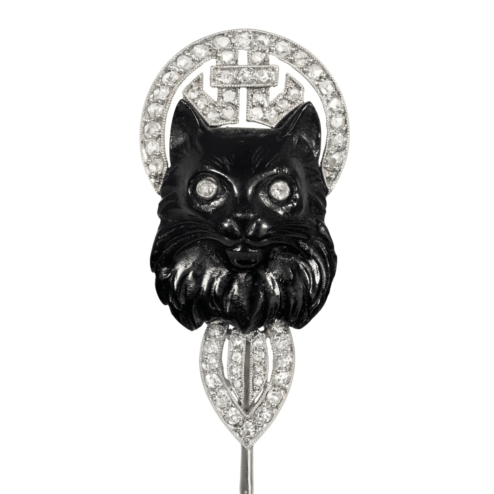 Lacloche Freres Art Deco Platinum & 18KT White Gold Onyx & Diamond Cat Jabot Pin close-up