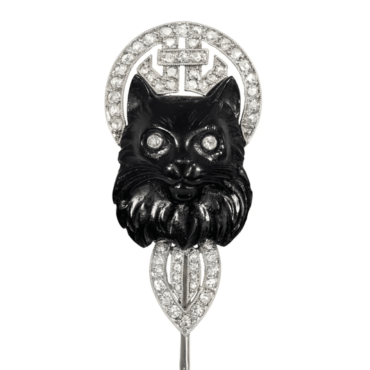 Lacloche Freres Art Deco Platinum & 18KT White Gold Onyx & Diamond Cat Jabot Pin close-up
