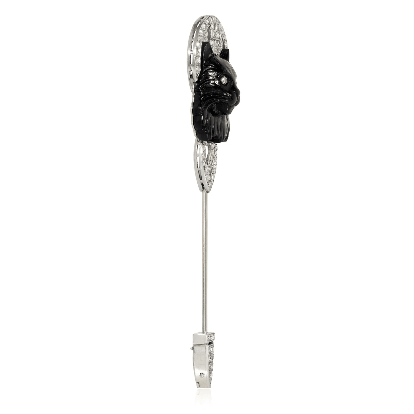 Lacloche Freres Art Deco Platinum & 18KT White Gold Onyx & Diamond Cat Jabot Pin side