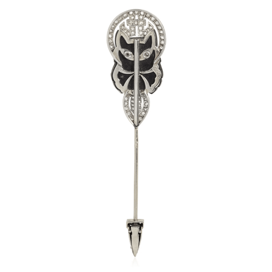 Lacloche Freres Art Deco Platinum & 18KT White Gold Onyx & Diamond Cat Jabot Pin back