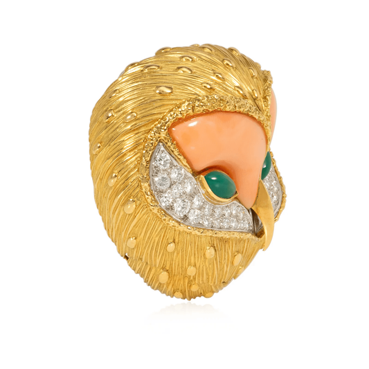 Fred French 1960s Platinum & 18KT Yellow Gold Coral, Chrysoprase & Diamond Owl Brooch side