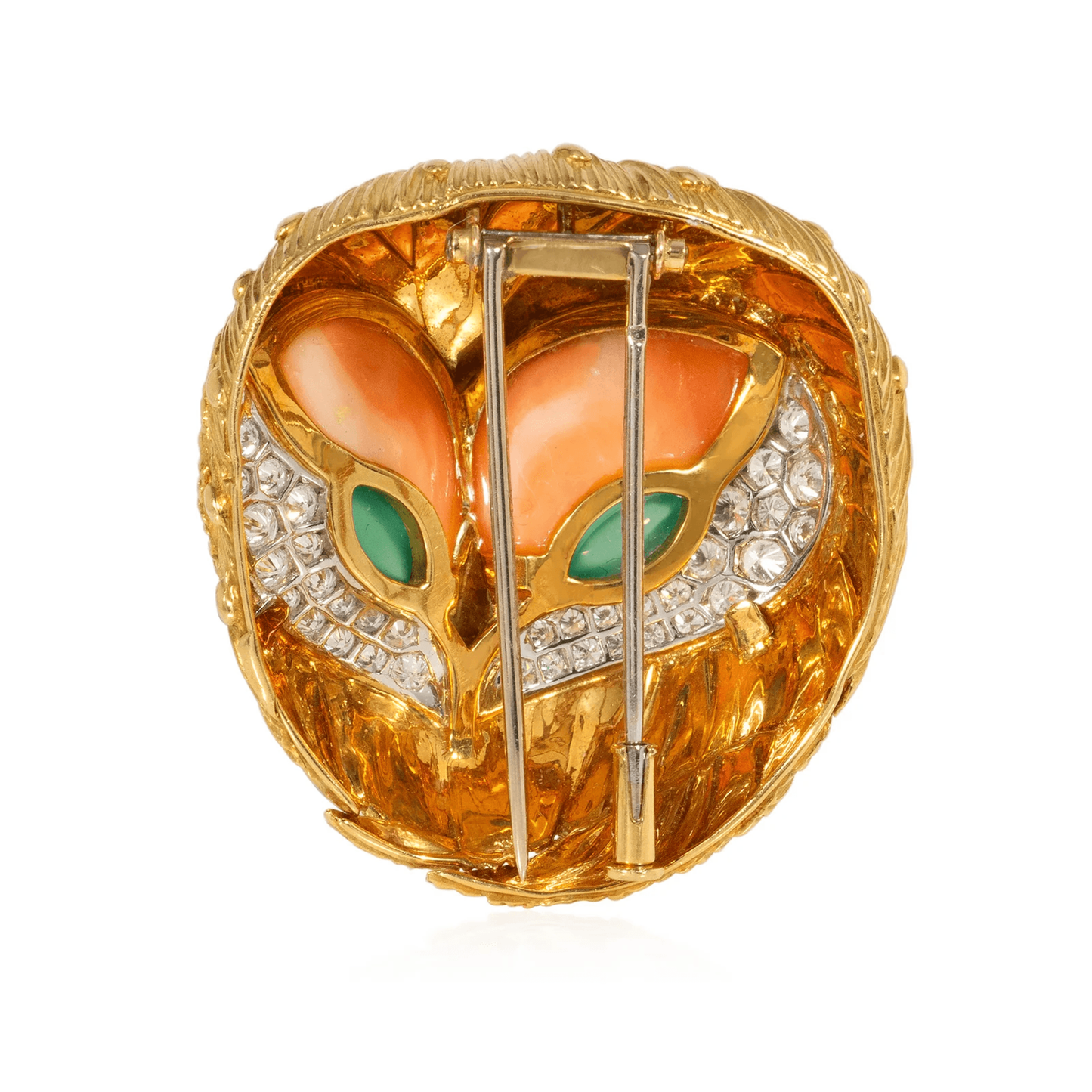 Fred French 1960s Platinum & 18KT Yellow Gold Coral, Chrysoprase & Diamond Owl Brooch back
