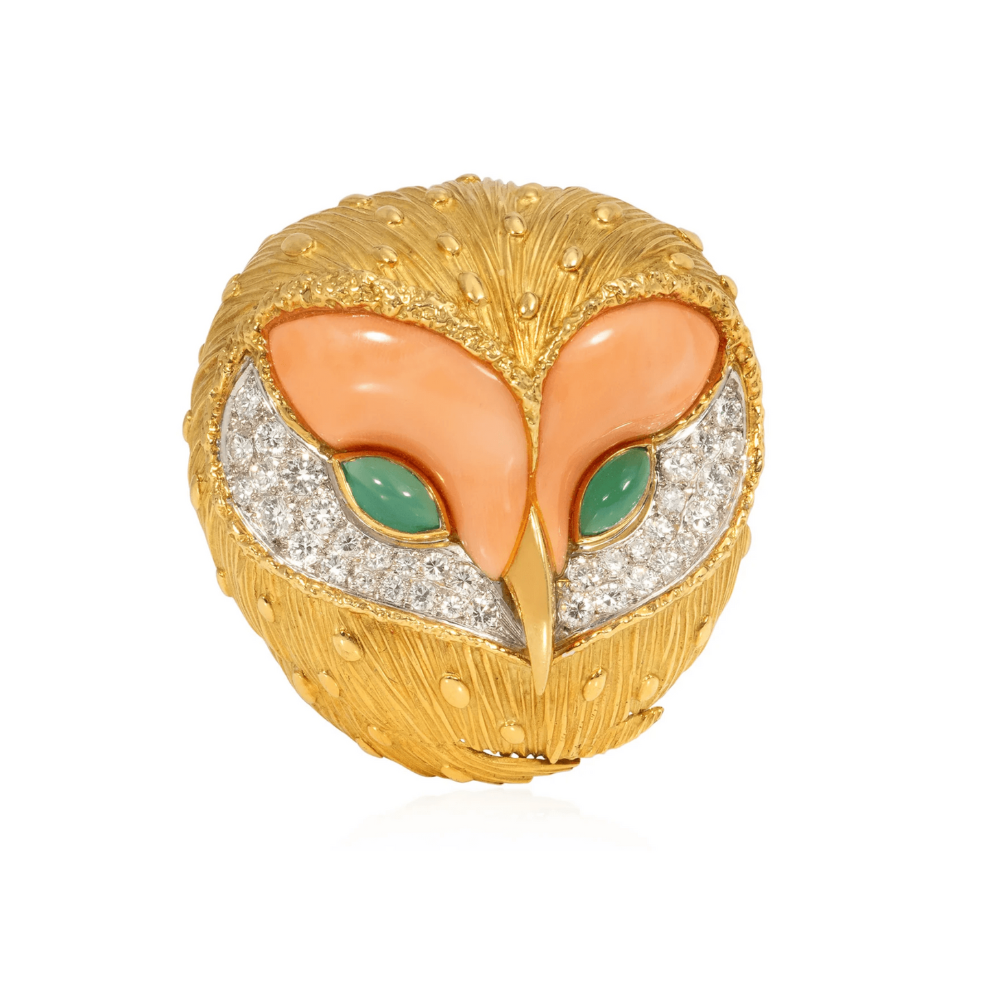 Fred French 1960s Platinum & 18KT Yellow Gold Coral, Chrysoprase & Diamond Owl Brooch front