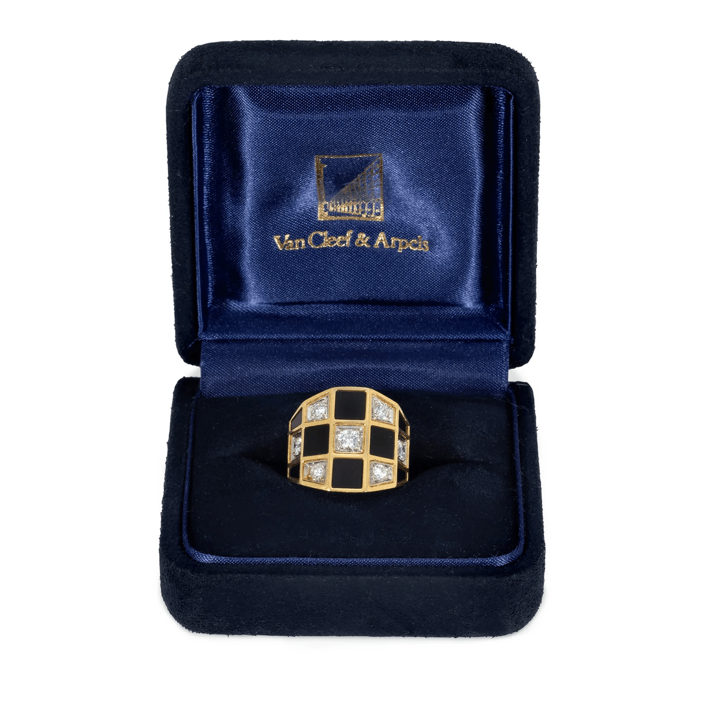 Van Cleef & Arpels Paris 1970s Platinum & 18KT Yellow Gold Onyx & Diamond Ring in box