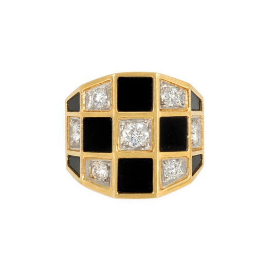 Van Cleef & Arpels Paris 1970s Platinum & 18KT Yellow Gold Onyx & Diamond Ring front