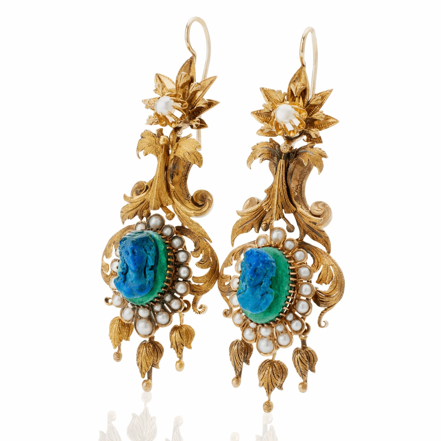 Victorian 18KT Yellow Gold Azurmalachite & Natural Pearl Earrings side