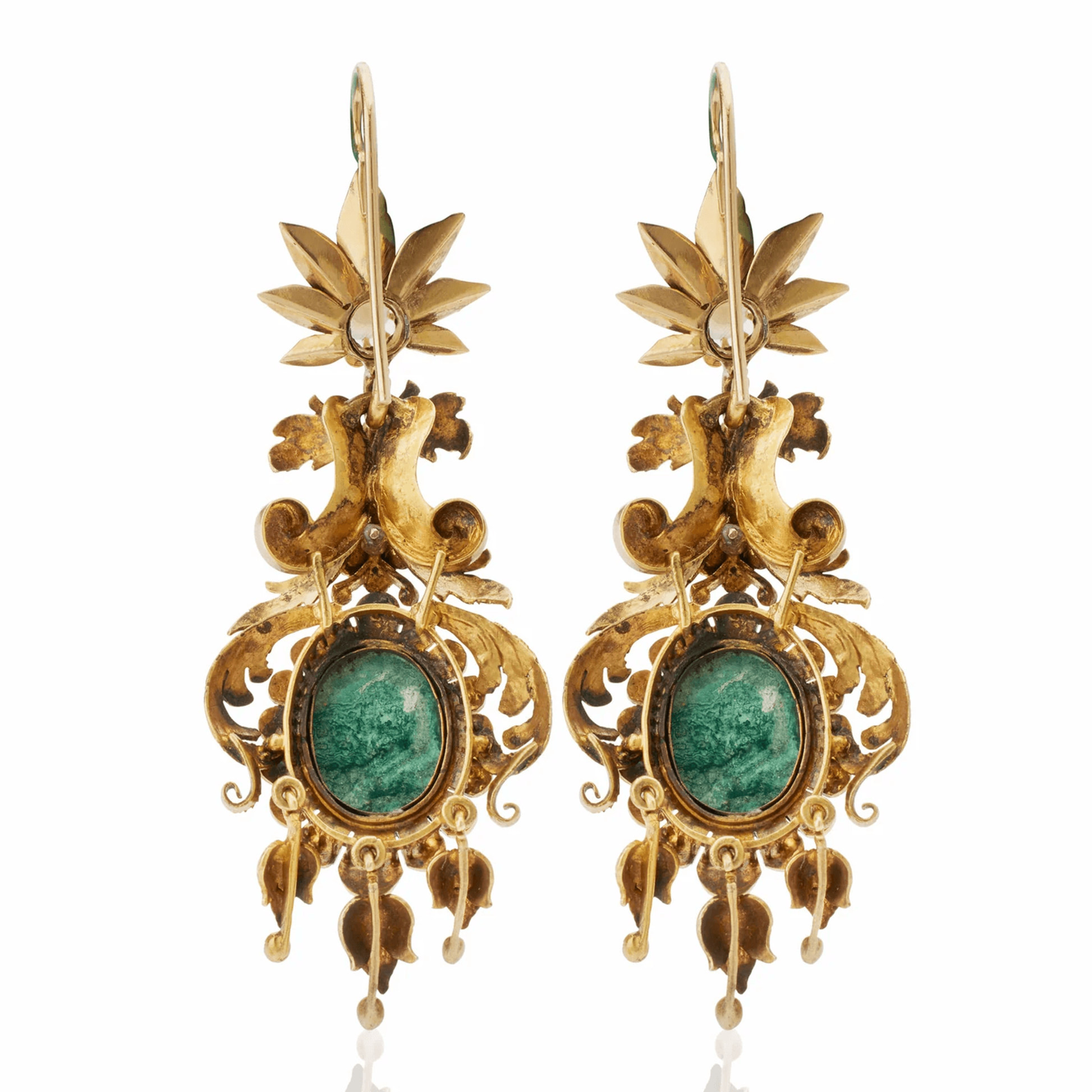 Victorian 18KT Yellow Gold Azurmalachite & Natural Pearl Earrings back