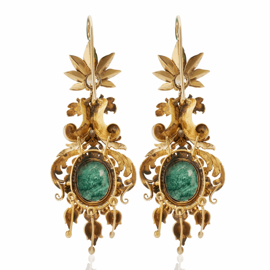 Victorian 18KT Yellow Gold Azurmalachite & Natural Pearl Earrings back