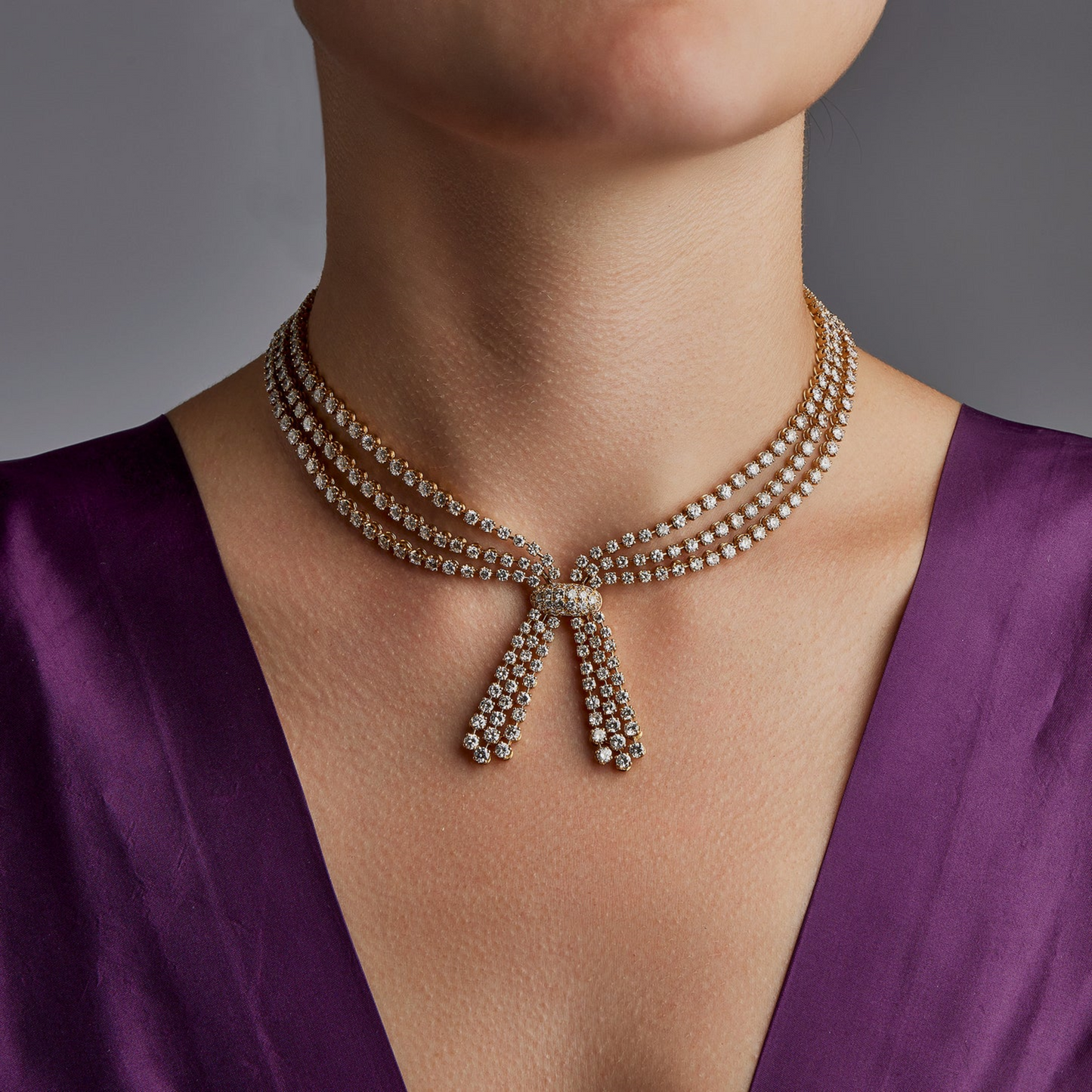 Cartier Paris 1980s 18KT Yellow Gold Diamond Necklace on neck
