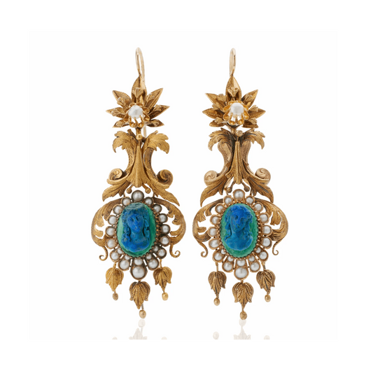 Victorian 18KT Yellow Gold Azurmalachite & Natural Pearl Earrings front