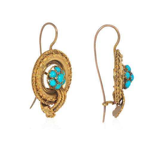 Victorian 14KT Yellow Gold Turquoise Earrings side
