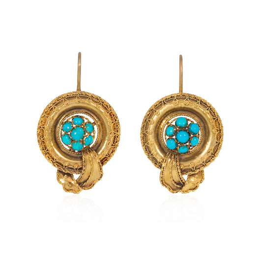 Victorian 14KT Yellow Gold Turquoise Earrings front