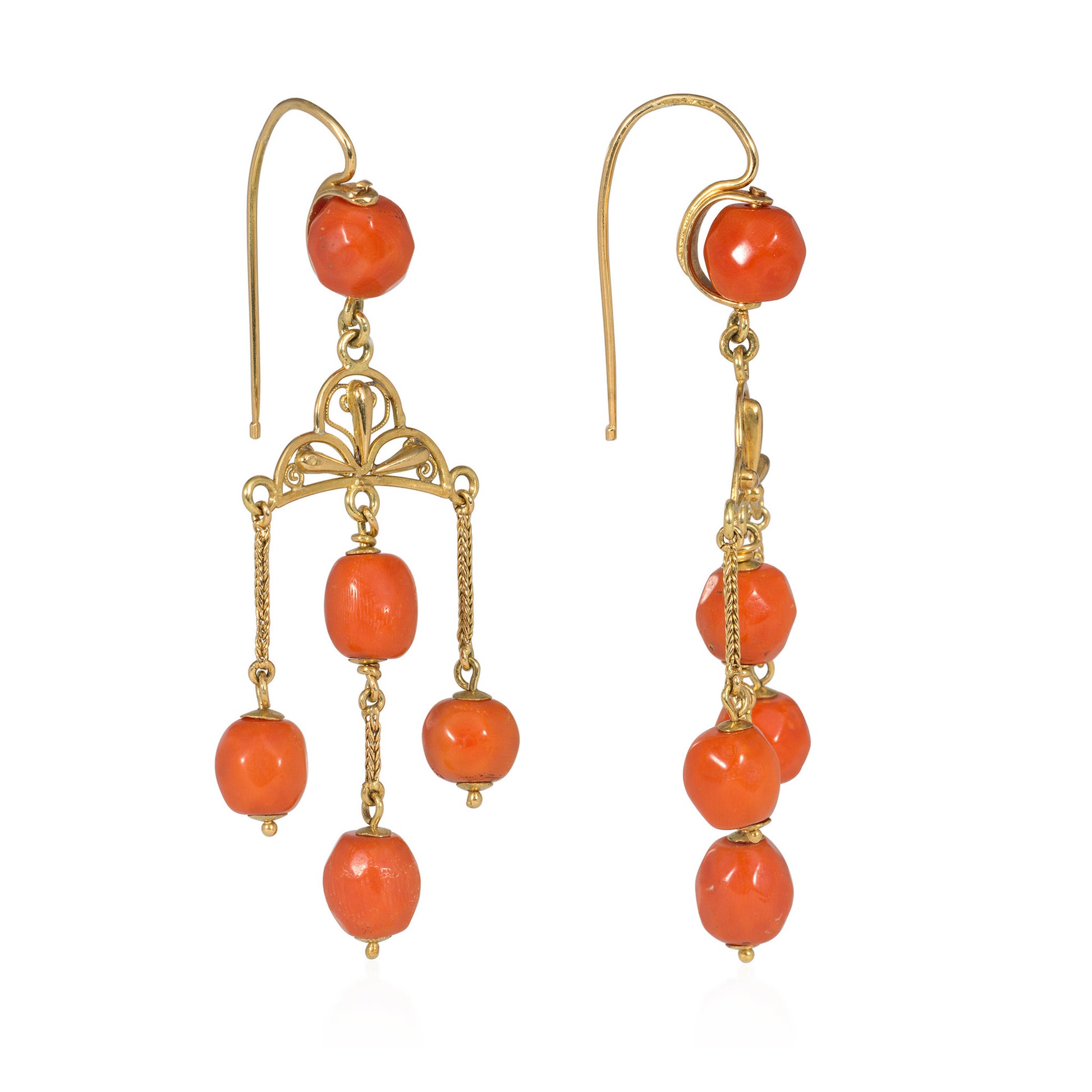 French Victorian 18KT Yellow Gold Coral Earrings side