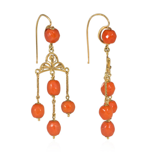 French Victorian 18KT Yellow Gold Coral Earrings side