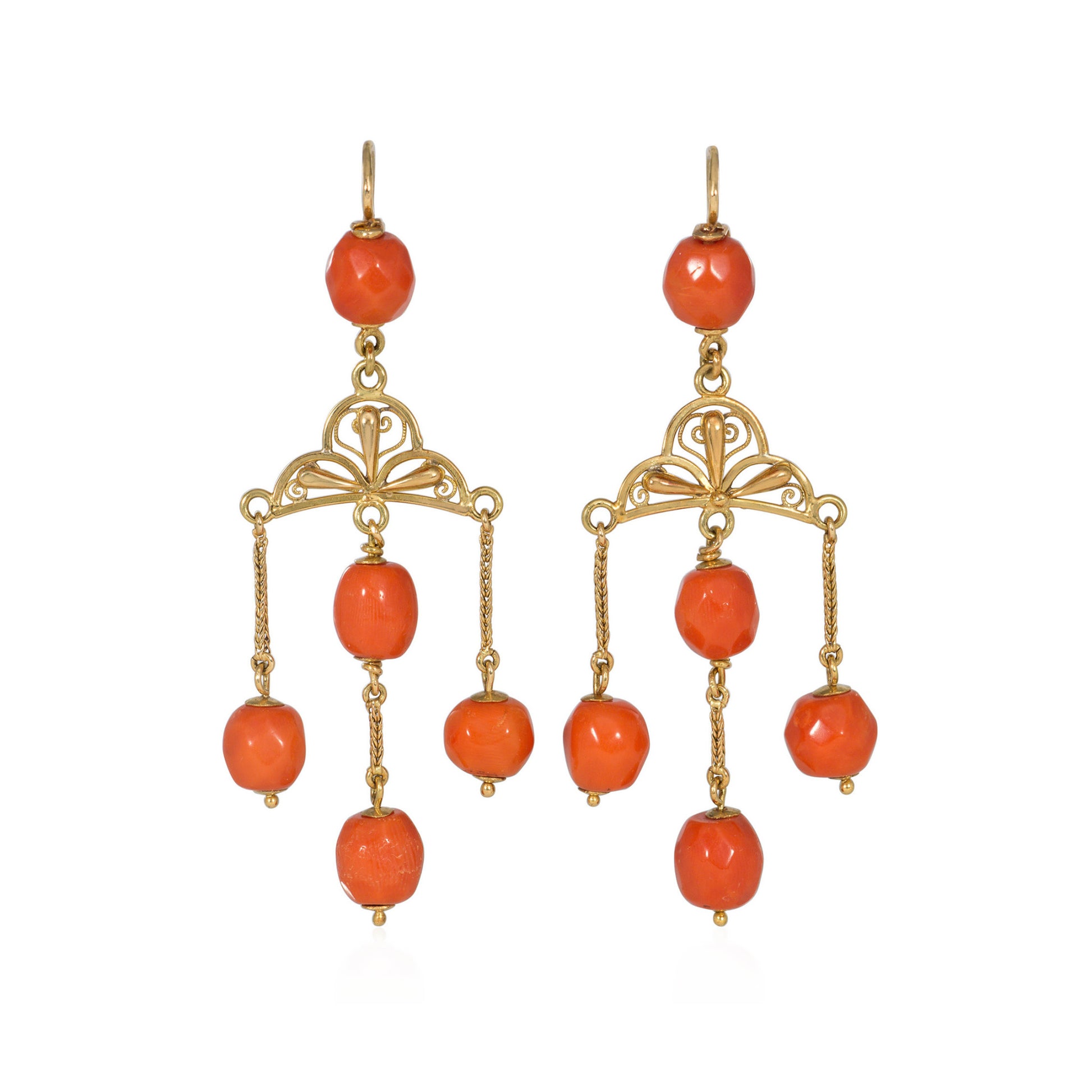 French Victorian 18KT Yellow Gold Coral Earrings front