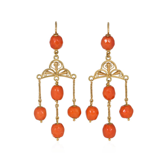 French Victorian 18KT Yellow Gold Coral Earrings front
