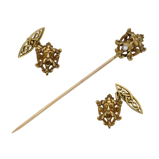 French Art Nouveau 18KT Yellow Gold Diamond Cufflink & Pin Set front