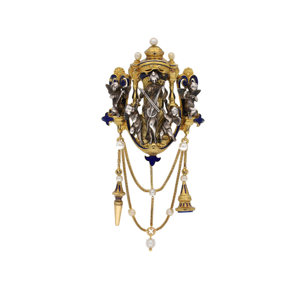 Froment-Meurice French Victorian Silver & 18KT Yellow Gold Natural Pearl & Enamel Pendant front