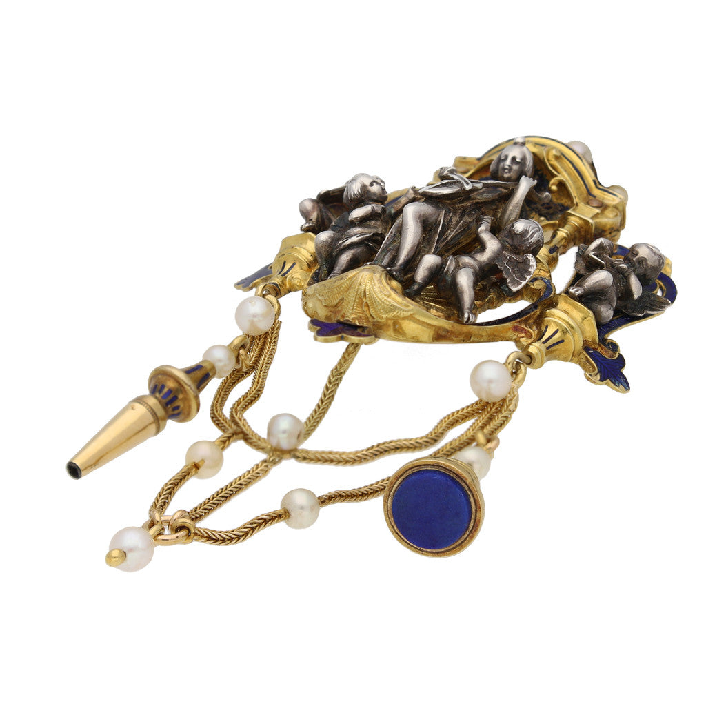 Froment-Meurice French Victorian Silver & 18KT Yellow Gold Natural Pearl & Enamel Pendant side