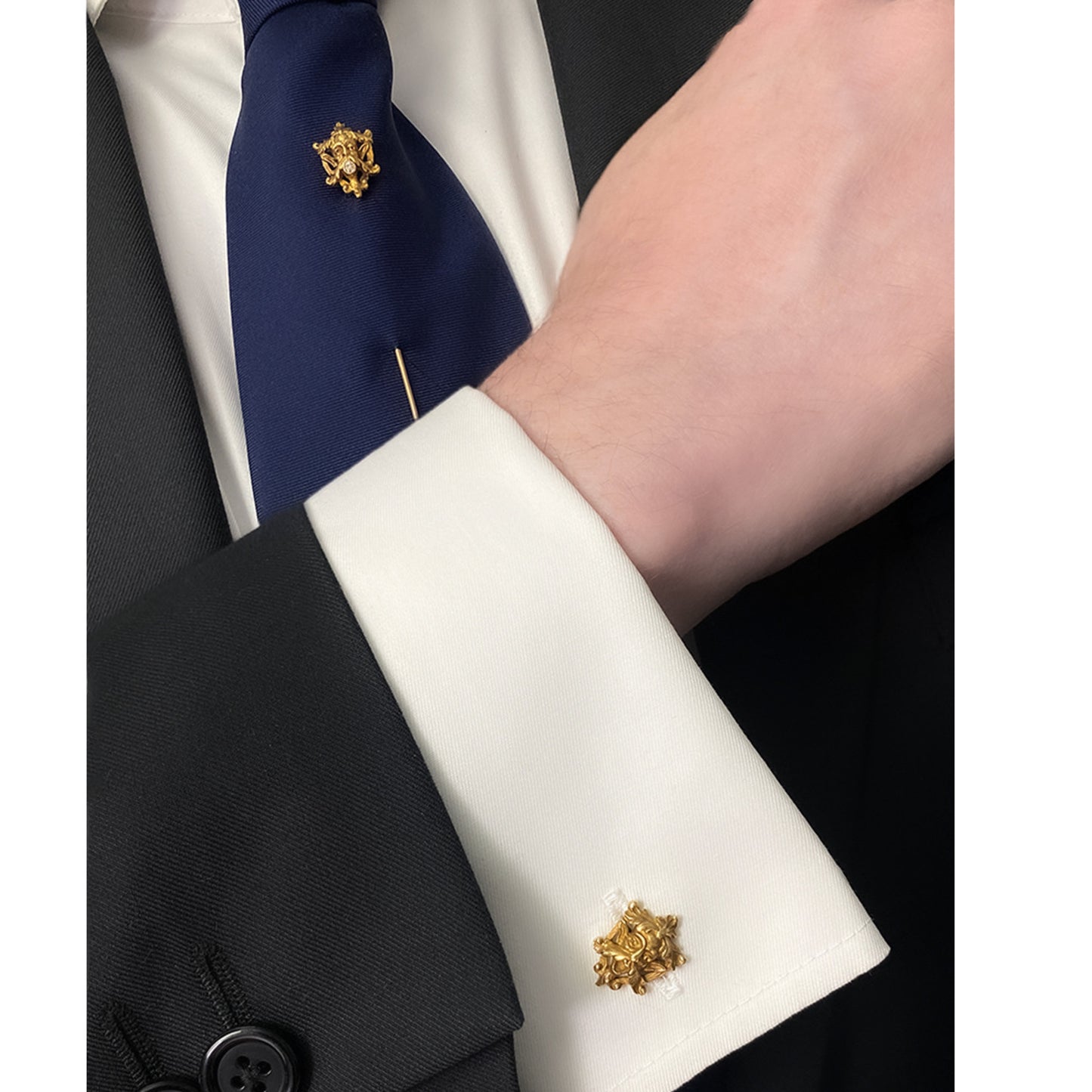French Art Nouveau 18KT Yellow Gold Diamond Cufflink & Pin Set on tie and cuff