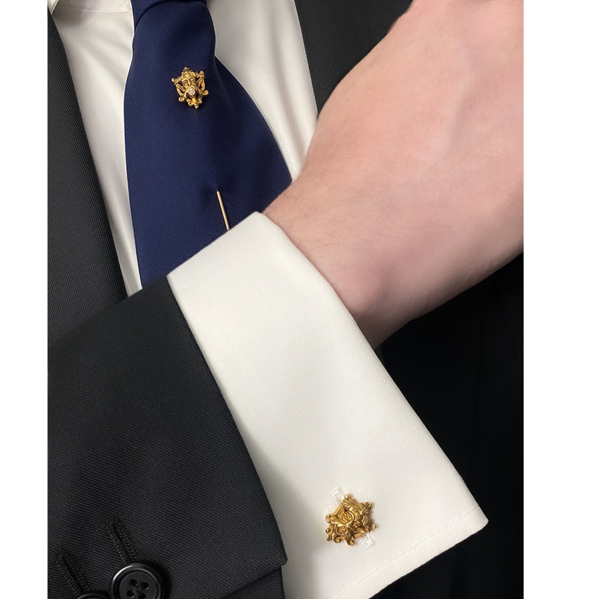 French Art Nouveau 18KT Yellow Gold Diamond Cufflink & Pin Set on tie and cuff