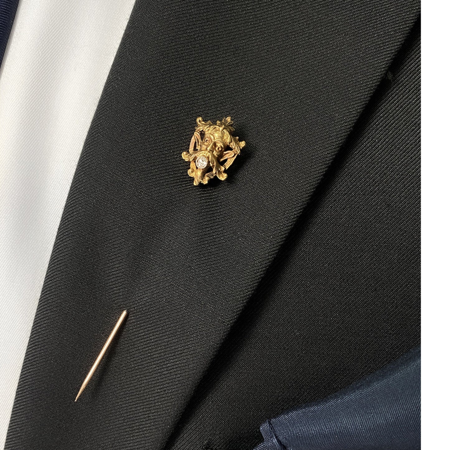 French Art Nouveau 18KT Yellow Gold Diamond Cufflink & Pin Set on lapel