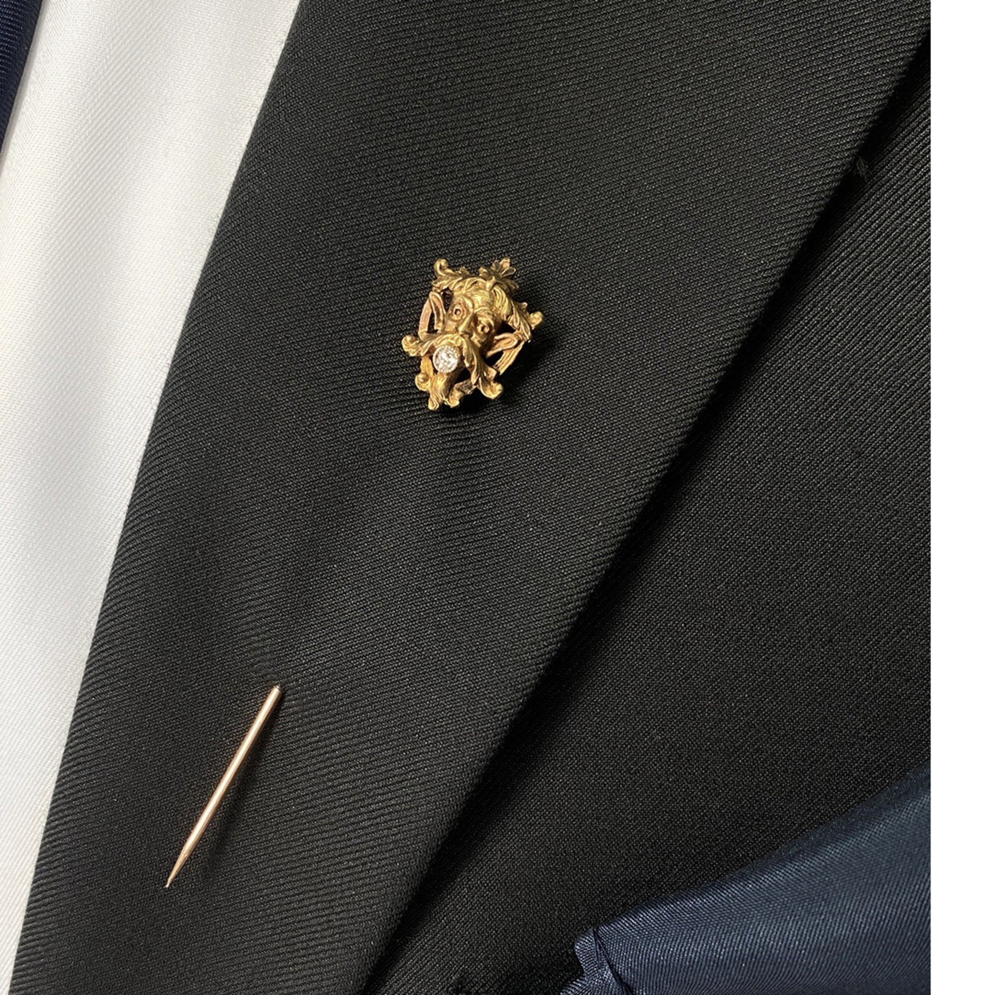 French Art Nouveau 18KT Yellow Gold Diamond Cufflink & Pin Set on lapel
