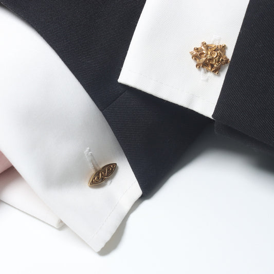 French Art Nouveau 18KT Yellow Gold Diamond Cufflink & Pin Set on cuff