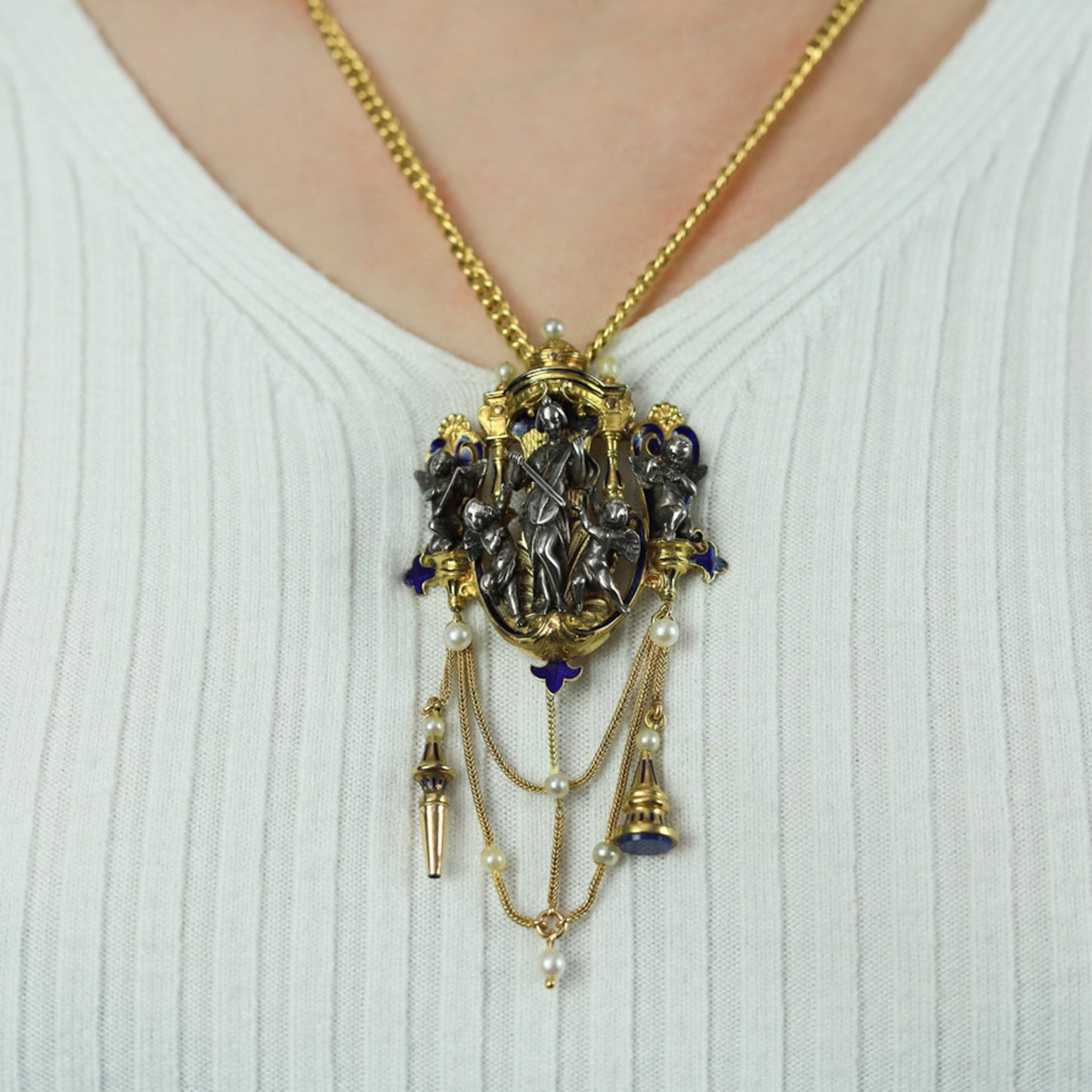 Froment-Meurice French Victorian Silver & 18KT Yellow Gold Natural Pearl & Enamel Pendant on neck